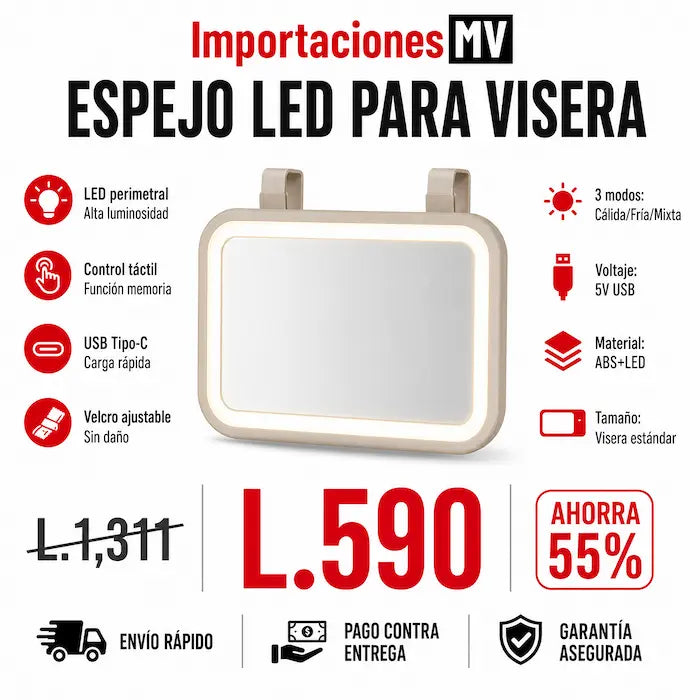 Espejo LED para Visera de Carro | 3 Modos de Luz | Memoria Inteligente | Recargable USB-C