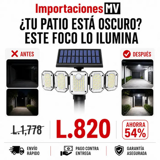 Foco Solar 5 Cabezas con Sensor de Movimiento | Control Remoto | IP65 | Sin Cables