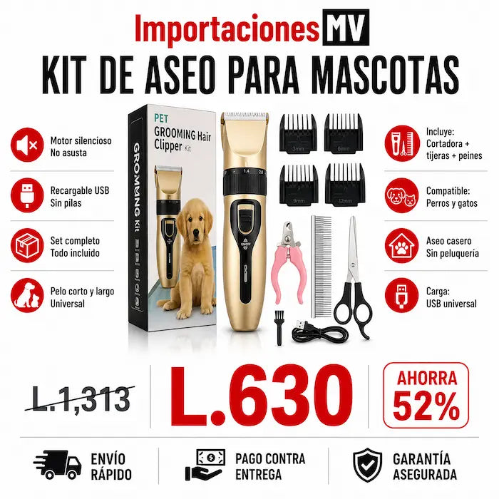 Kit Profesional de Aseo para Mascotas | Motor Silencioso | Recargable USB | Perros y Gatos
