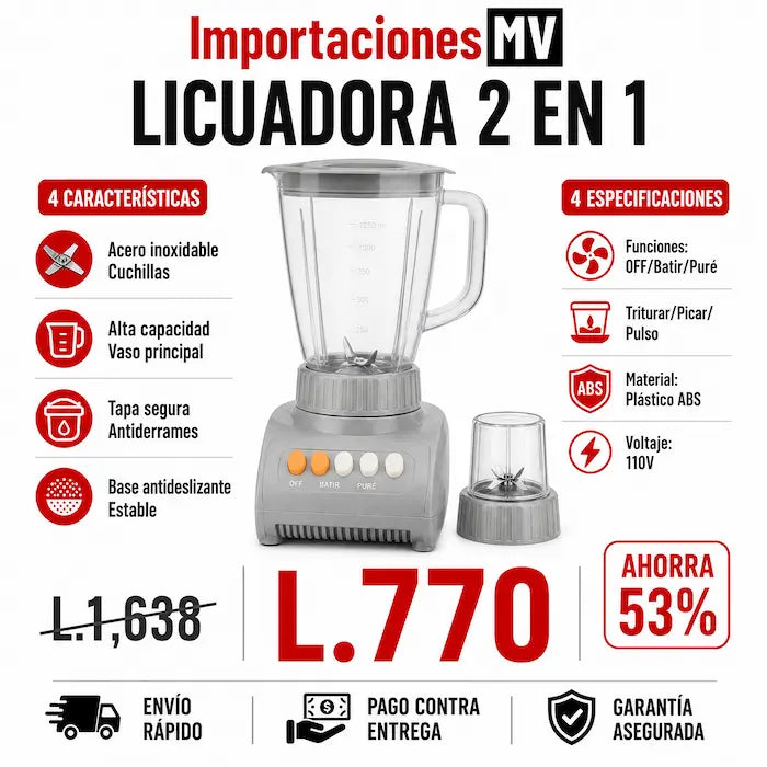 Licuadora 2 en 1 con Vaso Picador | 6 Funciones | Cuchillas Acero Inoxidable | Base Antideslizante