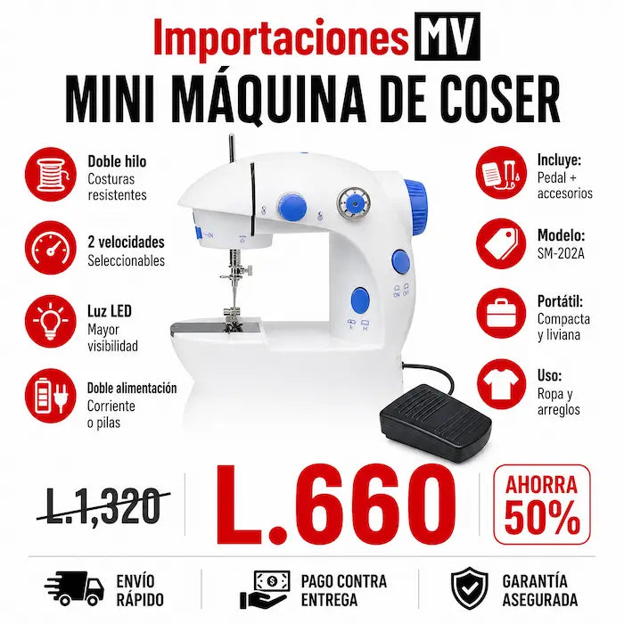 Mini Máquina de Coser Portátil Eléctrica | Doble Hilo | Doble Velocidad | Luz LED | Pedal