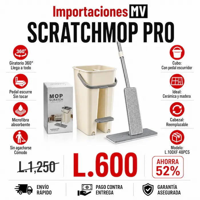 ScratchMop Pro — Trapeador Plano con Cubeta de Doble Cámara | 360° | Sin Agacharse