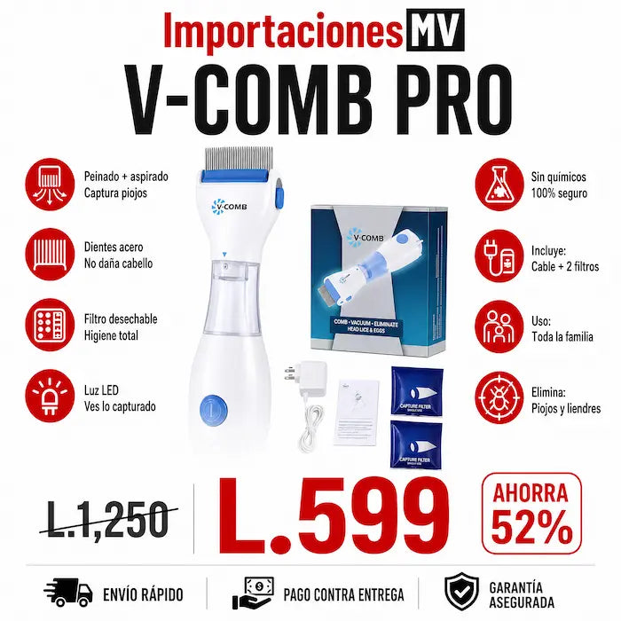 V-Comb Pro — Eliminador Eléctrico de Piojos | Sin Químicos | Aspirado + Peine | Filtro Desechable