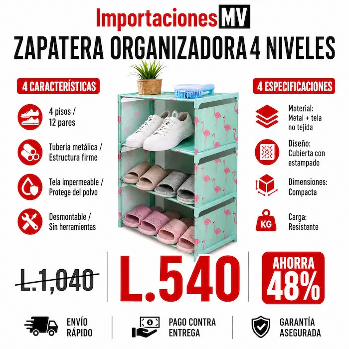 Zapatera Organizadora 4 Niveles con Cubierta de Tela | Armable | Impermeable | Hasta 12 Pares