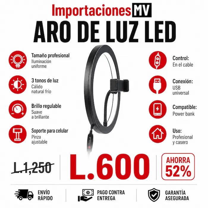 Aro de Luz LED Profesional | 3 Tonos de Luz | Brillo Regulable | Soporte para Celular