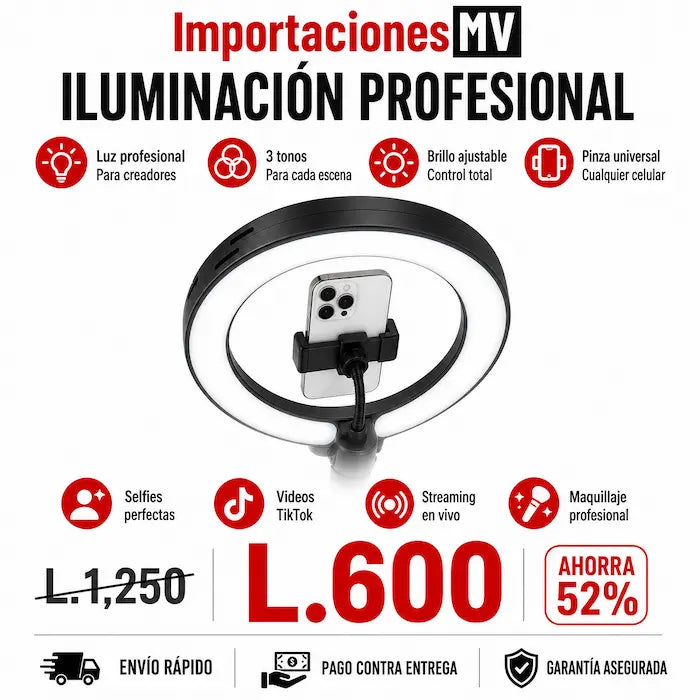 Aro de Luz LED Profesional | 3 Tonos de Luz | Brillo Regulable | Soporte para Celular