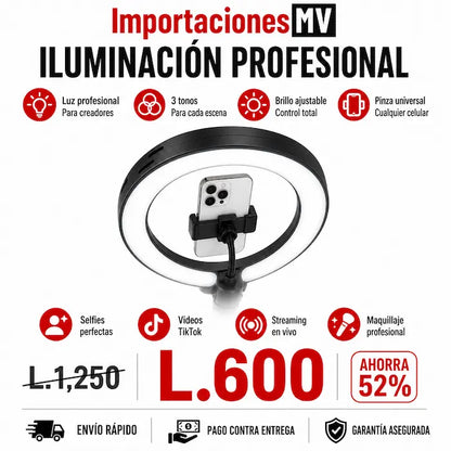 Aro de Luz LED Profesional | 3 Tonos de Luz | Brillo Regulable | Soporte para Celular
