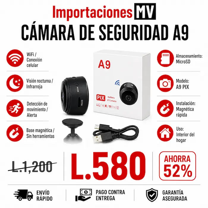 MiniCam A9 — Cámara Espía Mini Full HD | 1080P | Imán | Visión Nocturna | Graba sin WiFi &nbsp;📷