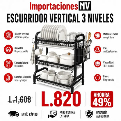 Escurridor Vertical 3 Niveles | Canasta Lateral | Ganchos | Pies Antideslizantes | Negro Premium