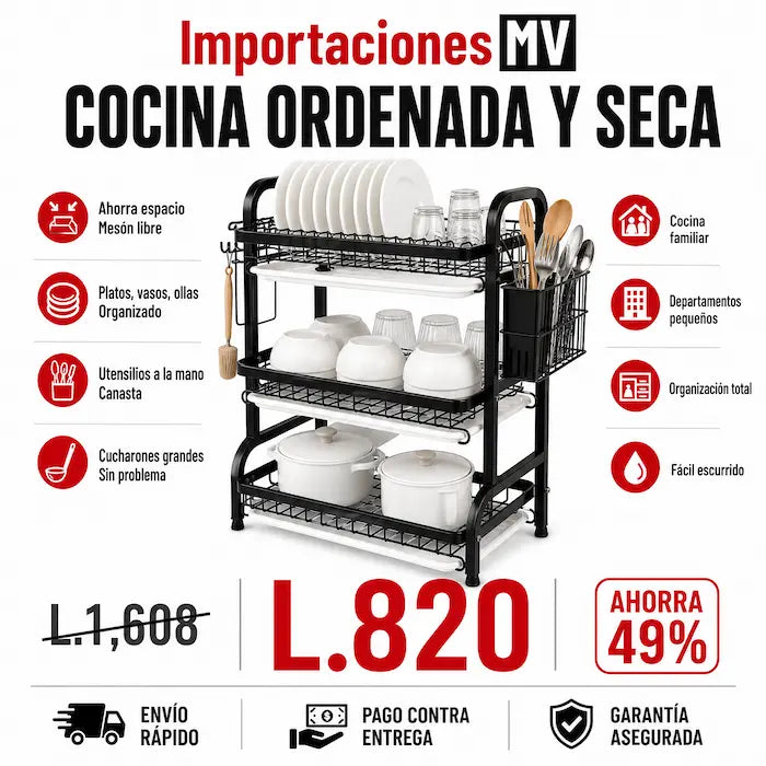 Escurridor Vertical 3 Niveles | Canasta Lateral | Ganchos | Pies Antideslizantes | Negro Premium