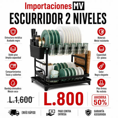 Escurridor de Platos 2 Niveles Premium | Bandeja Drenadora | Acabado Negro | Soporte Cubiertos