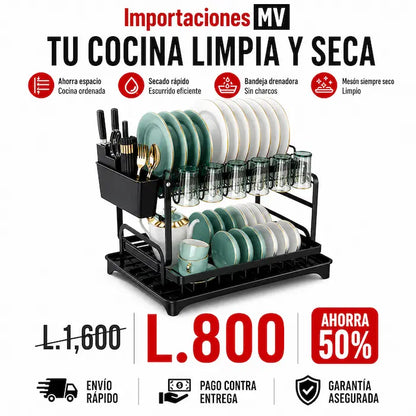Escurridor de Platos 2 Niveles Premium | Bandeja Drenadora | Acabado Negro | Soporte Cubiertos