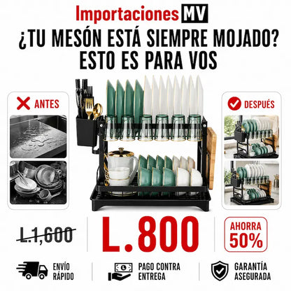 Escurridor de Platos 2 Niveles Premium | Bandeja Drenadora | Acabado Negro | Soporte Cubiertos