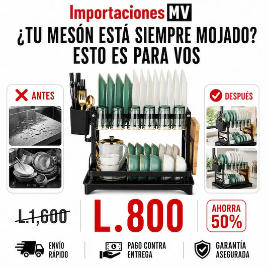 Escurridor de Platos 2 Niveles Premium | Bandeja Drenadora | Acabado Negro | Soporte Cubiertos