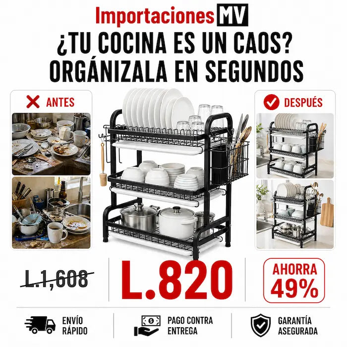 Escurridor Vertical 3 Niveles | Canasta Lateral | Ganchos | Pies Antideslizantes | Negro Premium
