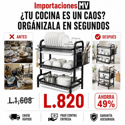 Escurridor Vertical 3 Niveles | Canasta Lateral | Ganchos | Pies Antideslizantes | Negro Premium