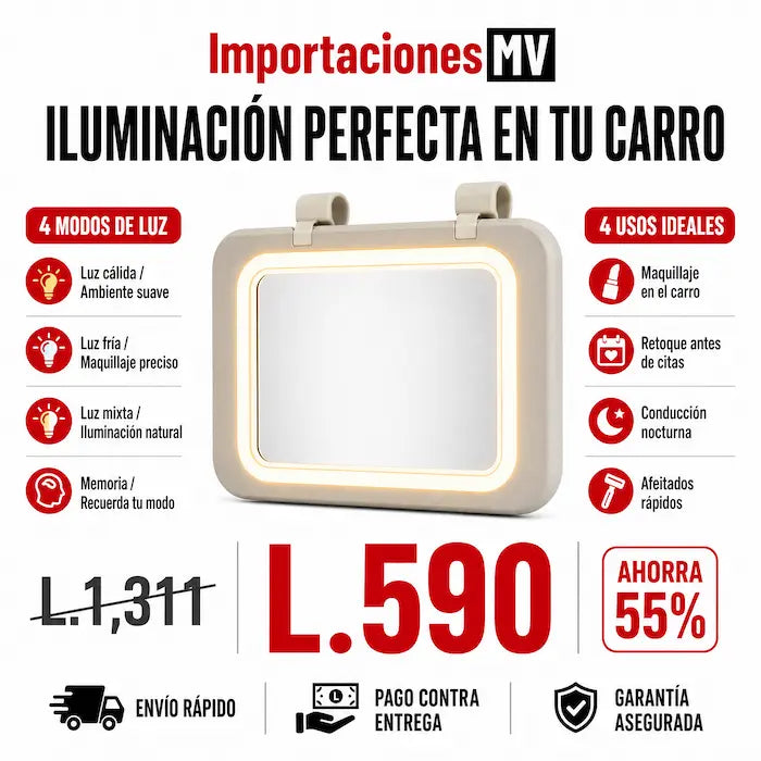 Espejo LED para Visera de Carro | 3 Modos de Luz | Memoria Inteligente | Recargable USB-C
