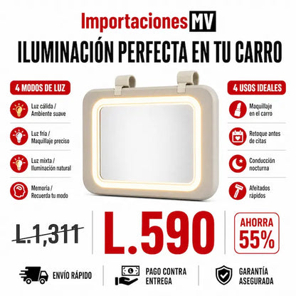 Espejo LED para Visera de Carro | 3 Modos de Luz | Memoria Inteligente | Recargable USB-C