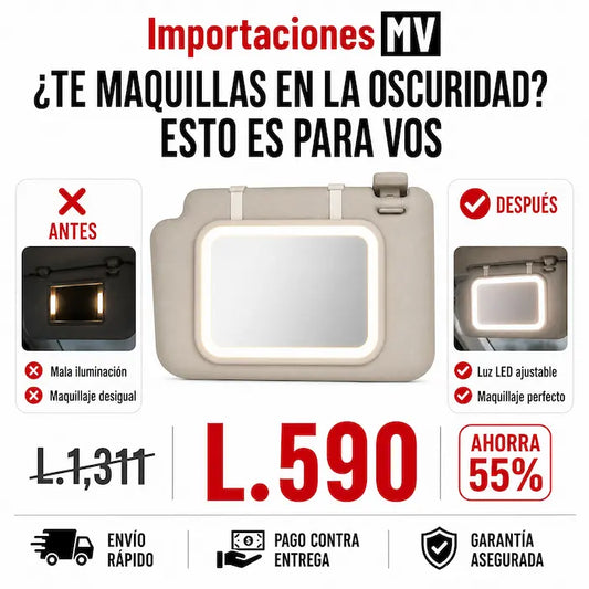 Espejo LED para Visera de Carro | 3 Modos de Luz | Memoria Inteligente | Recargable USB-C