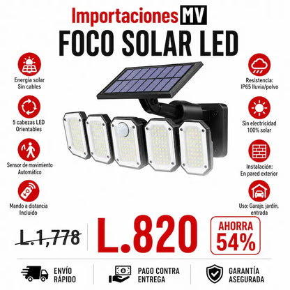 Foco Solar 5 Cabezas con Sensor de Movimiento | Control Remoto | IP65 | Sin Cables
