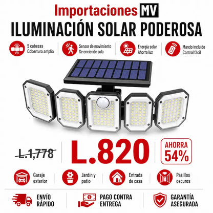 Foco Solar 5 Cabezas con Sensor de Movimiento | Control Remoto | IP65 | Sin Cables