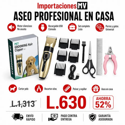 Kit Profesional de Aseo para Mascotas | Motor Silencioso | Recargable USB | Perros y Gatos