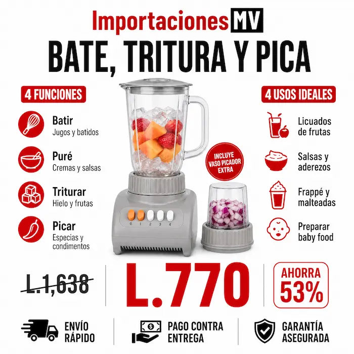 Licuadora 2 en 1 con Vaso Picador | 6 Funciones | Cuchillas Acero Inoxidable | Base Antideslizante