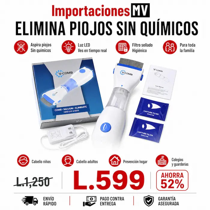 V-Comb Pro — Eliminador Eléctrico de Piojos | Sin Químicos | Aspirado + Peine | Filtro Desechable