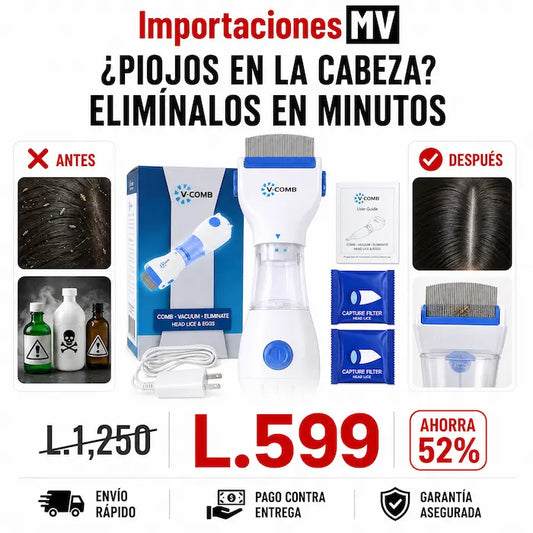 V-Comb Pro — Eliminador Eléctrico de Piojos | Sin Químicos | Aspirado + Peine | Filtro Desechable