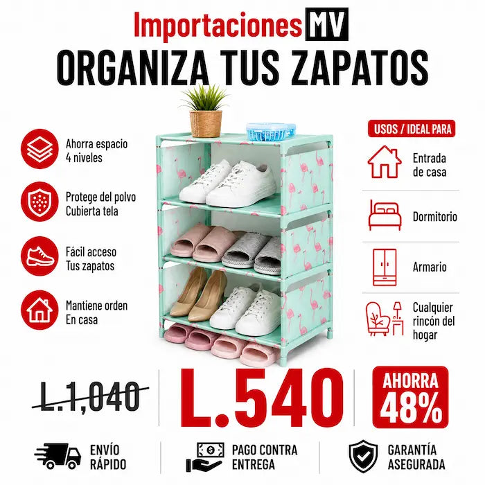Zapatera Organizadora 4 Niveles con Cubierta de Tela | Armable | Impermeable | Hasta 12 Pares