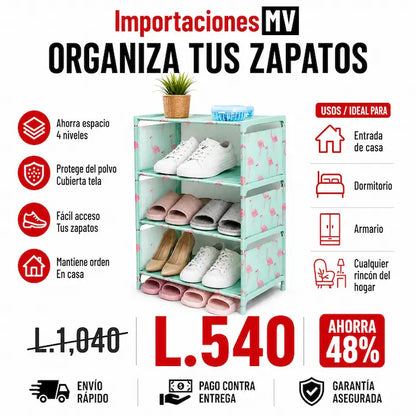 Zapatera Organizadora 4 Niveles con Cubierta de Tela | Armable | Impermeable | Hasta 12 Pares